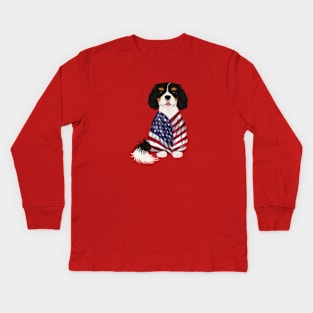 USA American Flag, Tri-Color Cavalier King Charles Spaniel Kids Long Sleeve T-Shirt